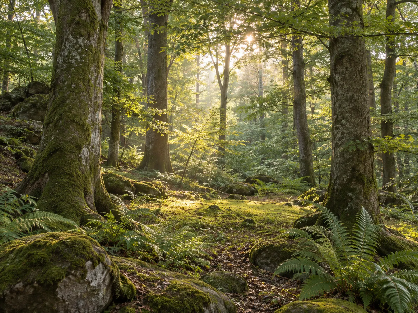 Morgenlicht fällt durch alte Bäume auf einen moosbedeckten Waldboden.